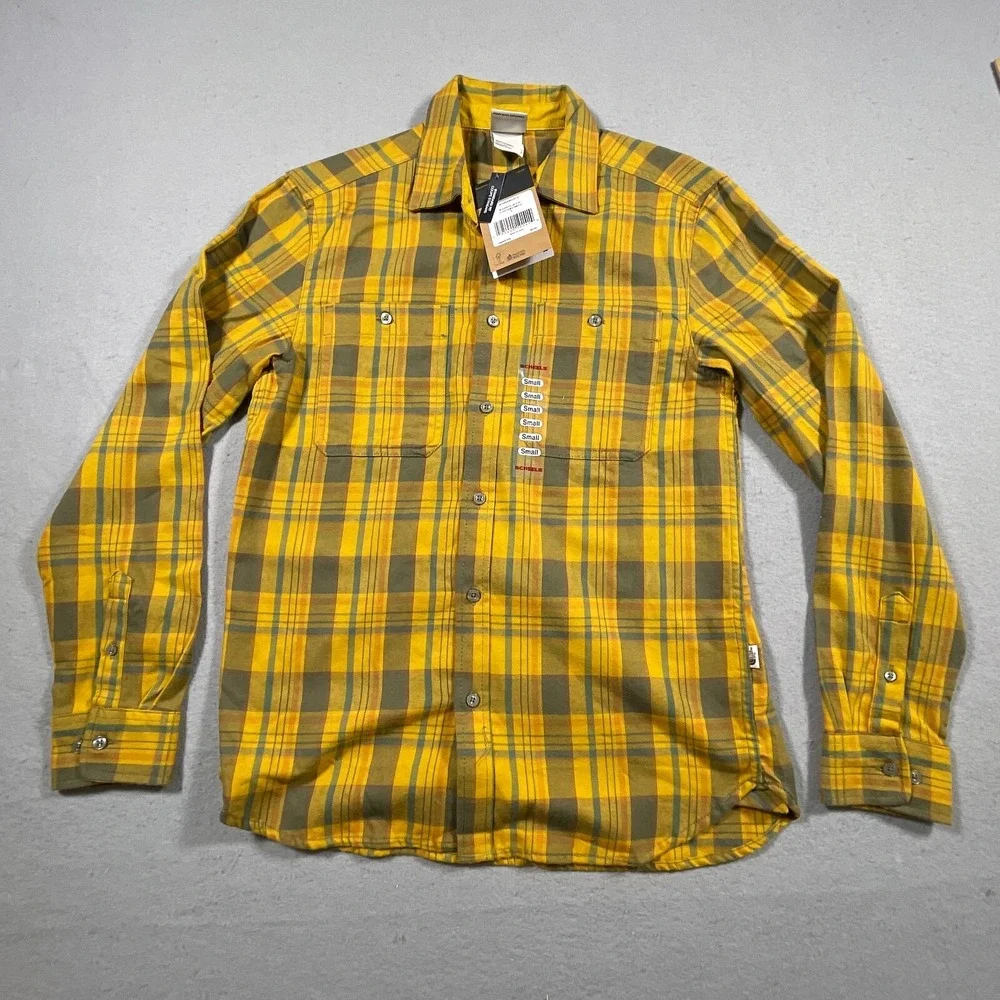 The North Face Plaid Flannel Shirt Men Small Yellow‎ Olive Gorpcore Hiking NWT